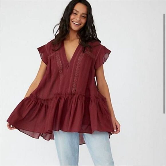 Free People Baby Blues Lace Trim Tunic Maroon Red - Picture 1 of 10
